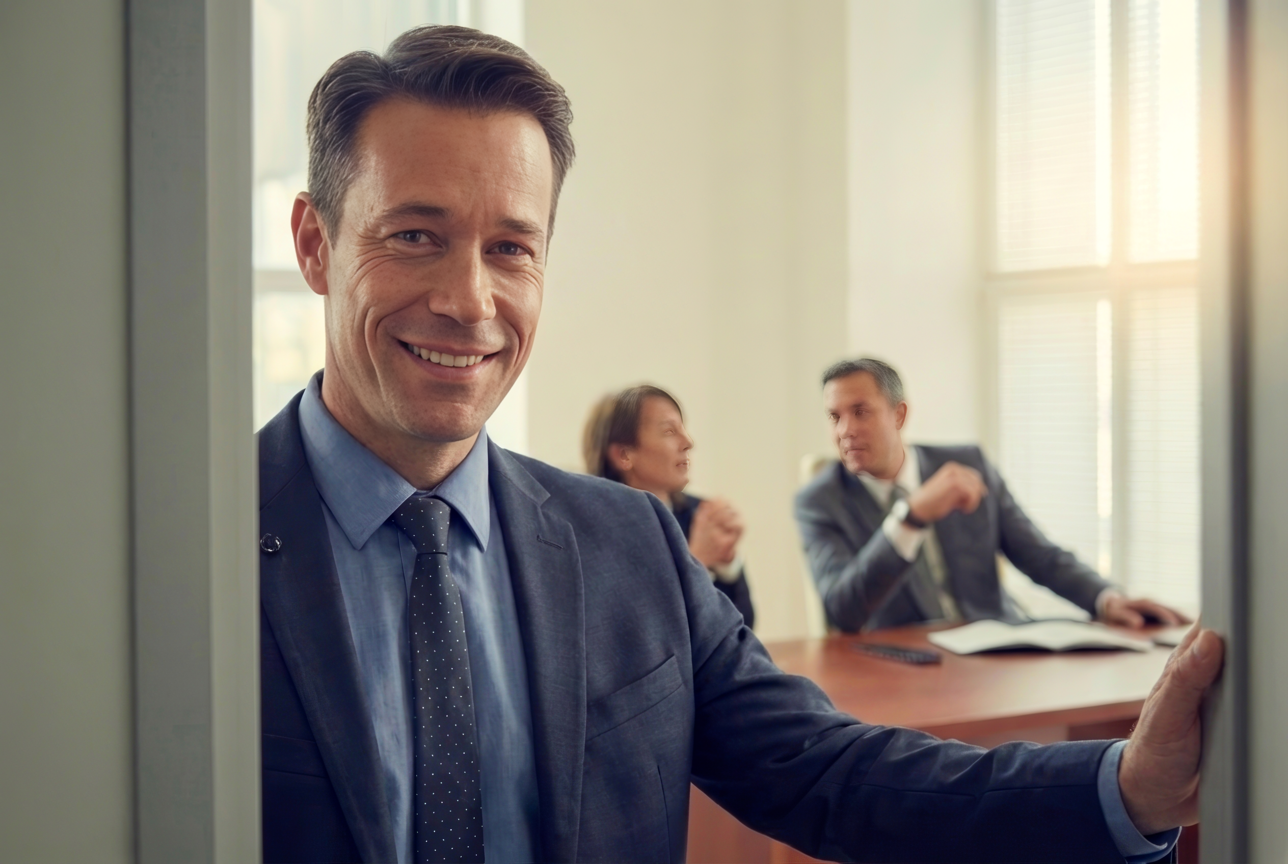 Senior HR consultant from My Virtual HR Director welcoming a client into a meeting